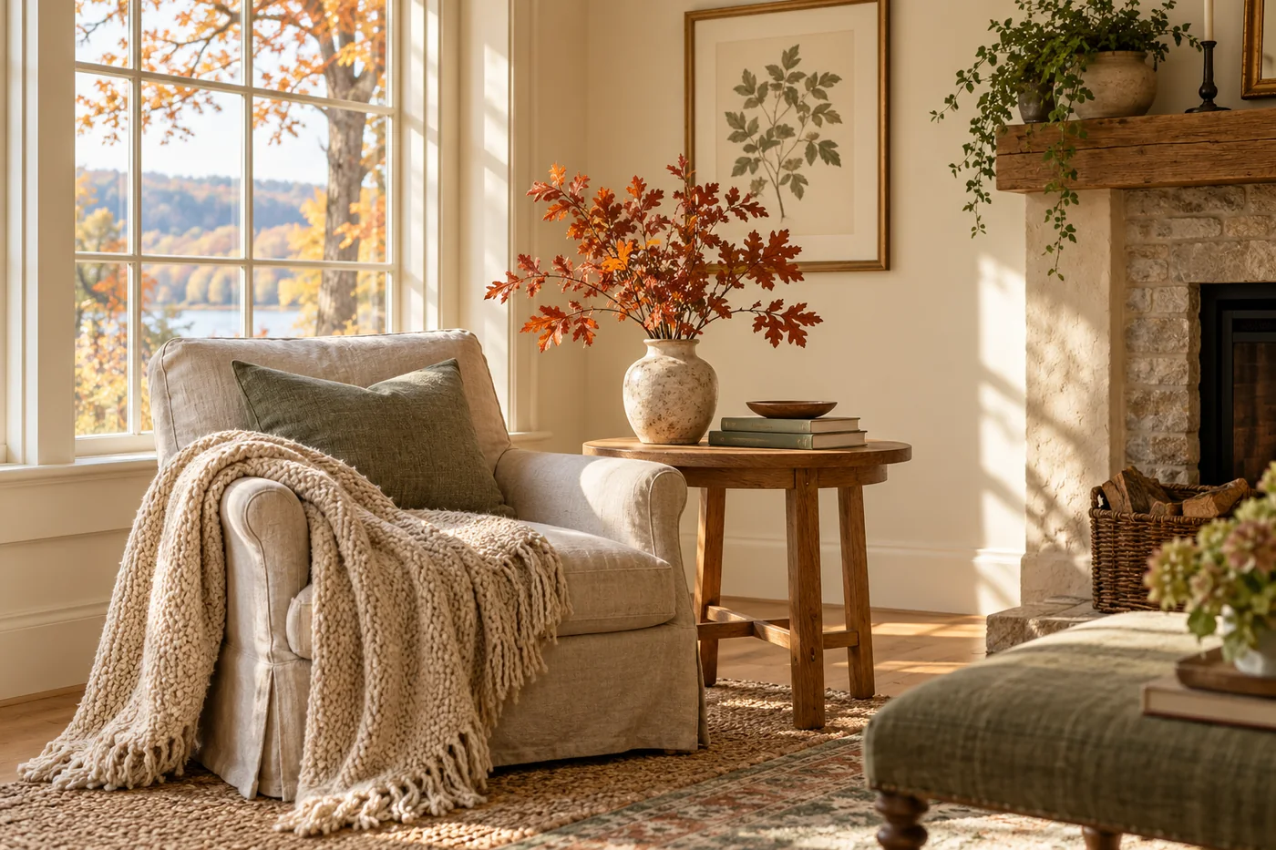 An autumn reading corner with a linen chair, oak table, rust-colored leaves, and warm afternoon light
