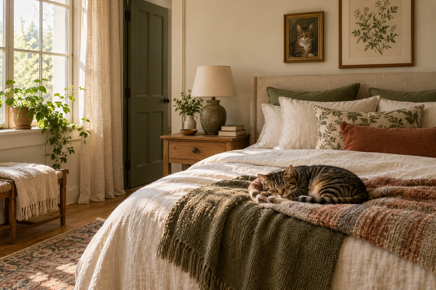 A tabby cat relaxing on a cream bed beside framed cat art and leafy prints
