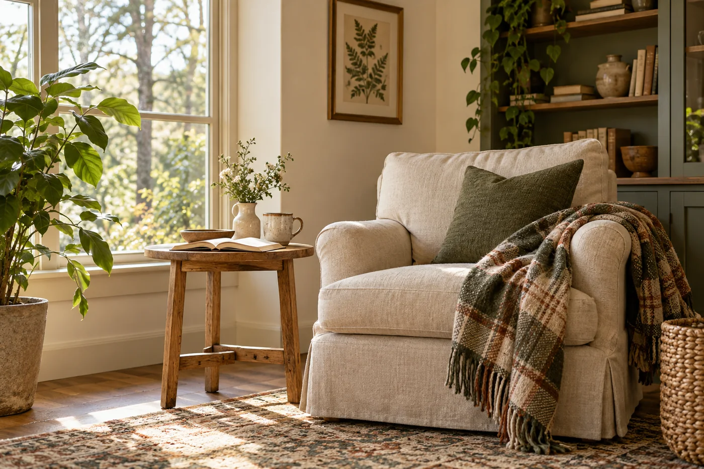 A sunlit reading nook with a linen armchair, oak side table, open book, and botanical art