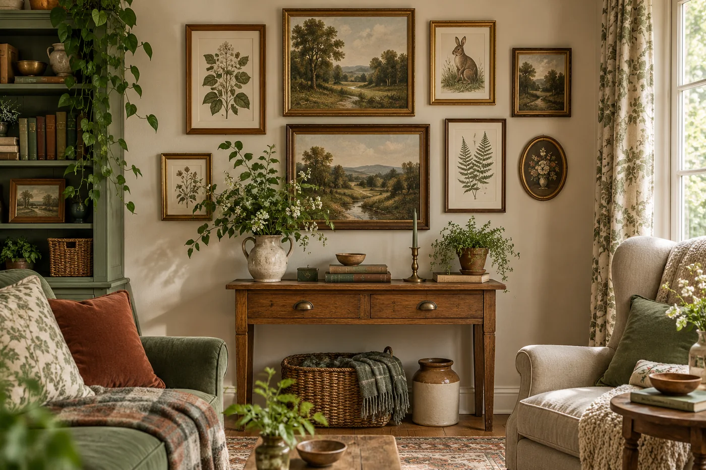 A collected gallery wall of botanical, landscape, and woodland prints in simple frames