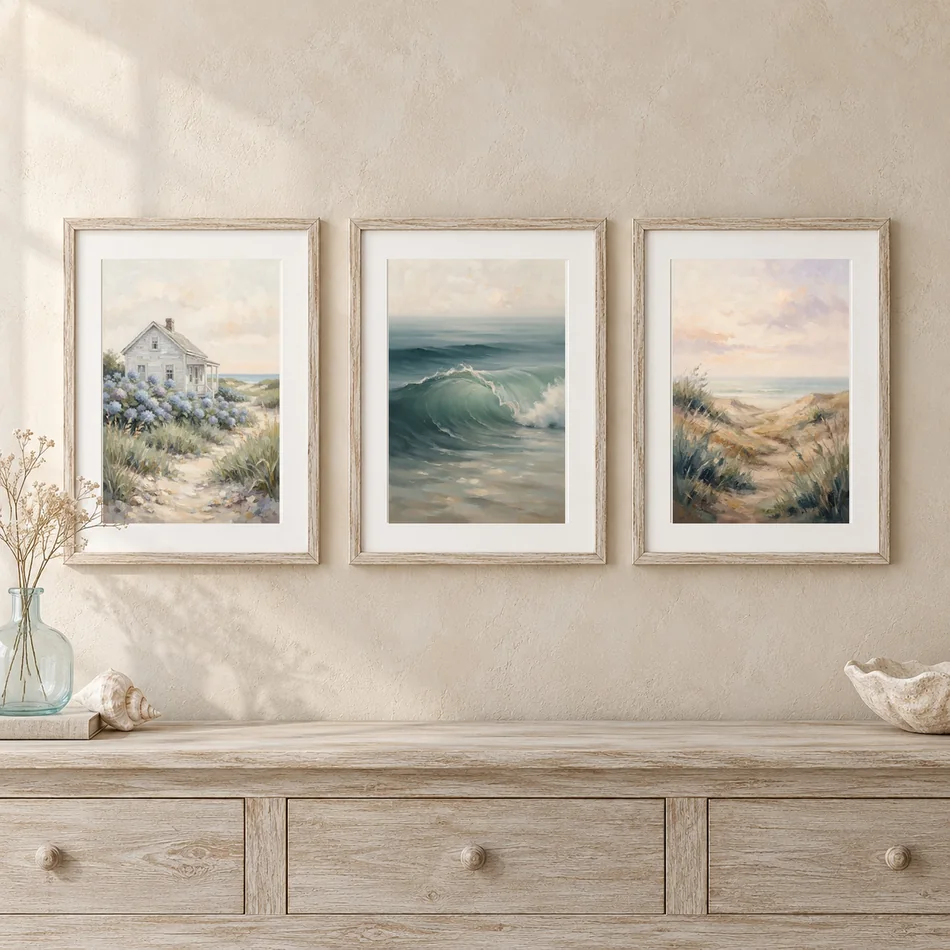 Three framed coastal artworks from the ten-print set displayed above a cream console
