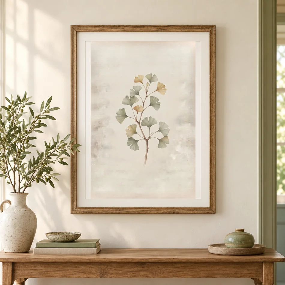 A framed ginkgo branch botanical print in a softly lit room