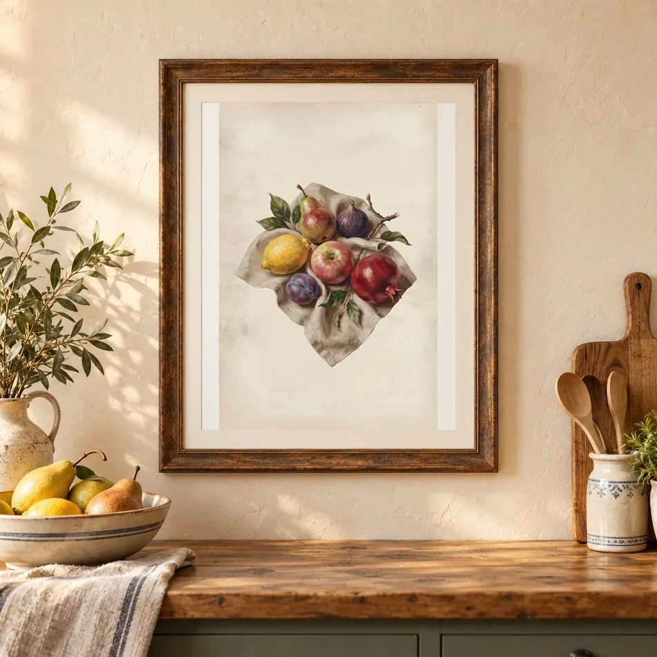 A vintage fruit still life print in an antique-style frame above a kitchen counter